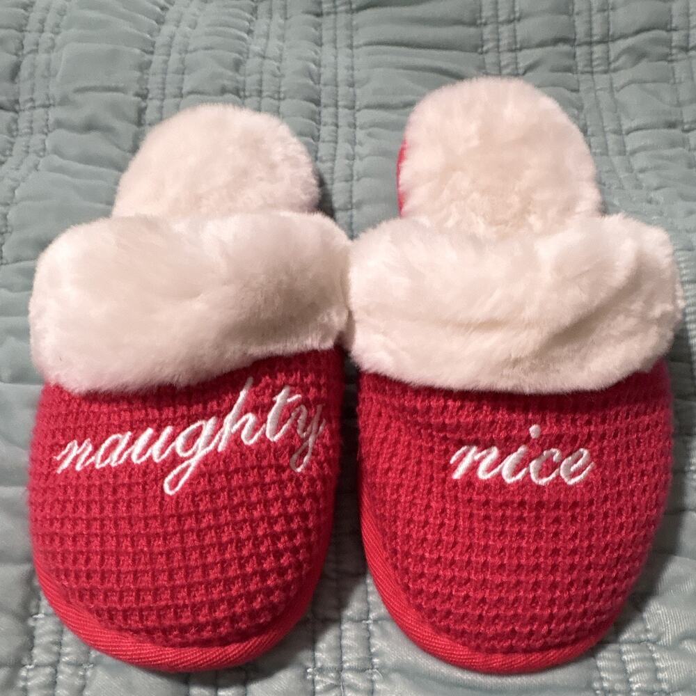 Victoria's Secret Women's Slip-On Slippers Red/White Faux Fur Naughty Nice